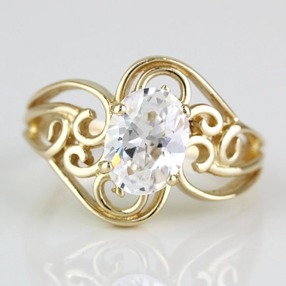 14k Yellow Gold Filigree Swirl Solitaire CZ Cubic Zirconia Gemstone Ring